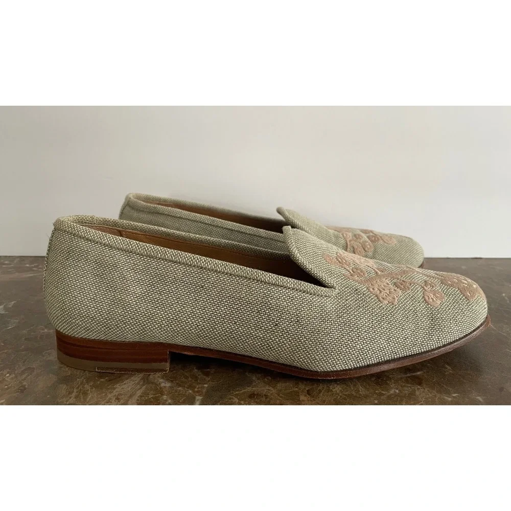 Stubbs & Wootton Palm Beach Womens Linen Floral Embroidered Loafers Coastal 9